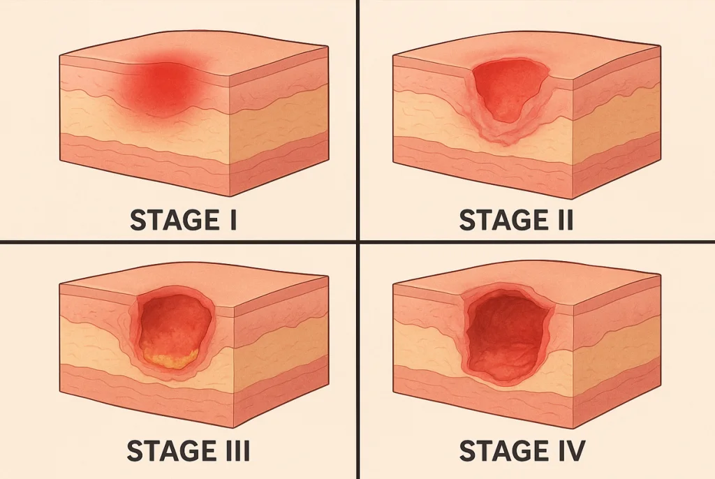 pressure ulcer stages 1 to 4 showing increasing tissue depth