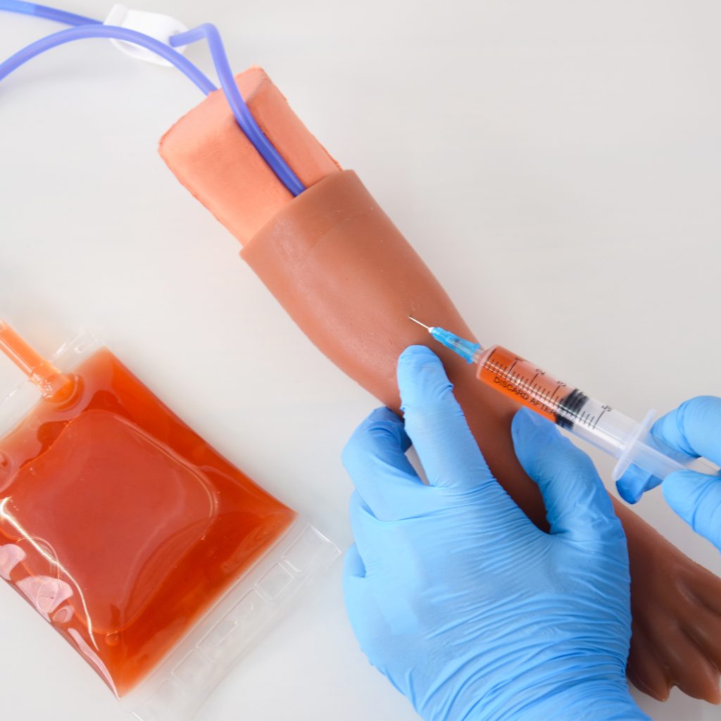 Student practicing with a dog IV training leg for veterinary education