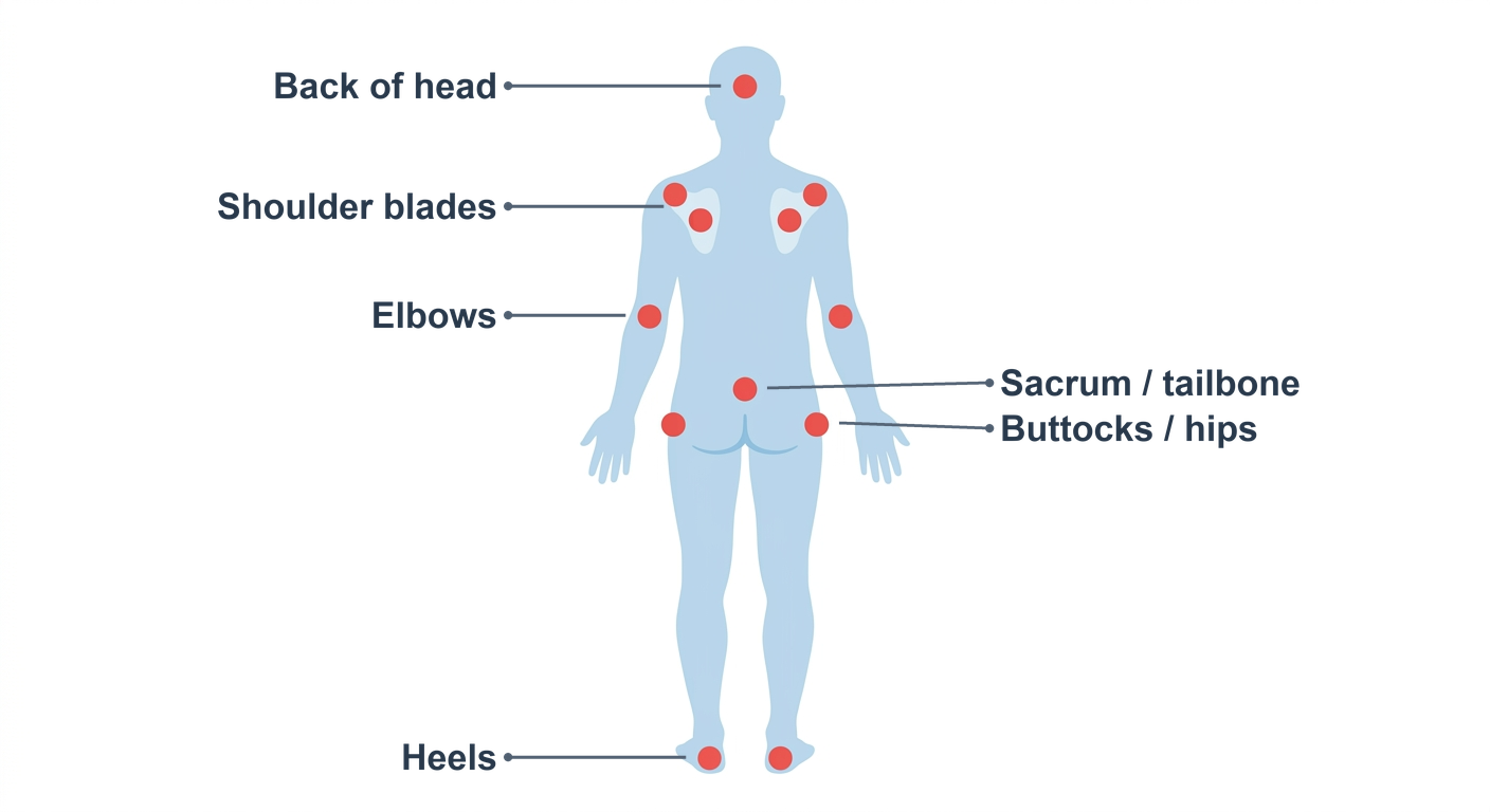 Common pressure injury bedsore high-risk sites on the body