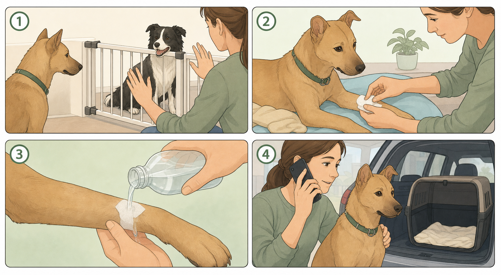 Four-step illustrated dog bite first aid: separate safely, apply pressure, rinse only a superficial wound, and call a veterinarian
