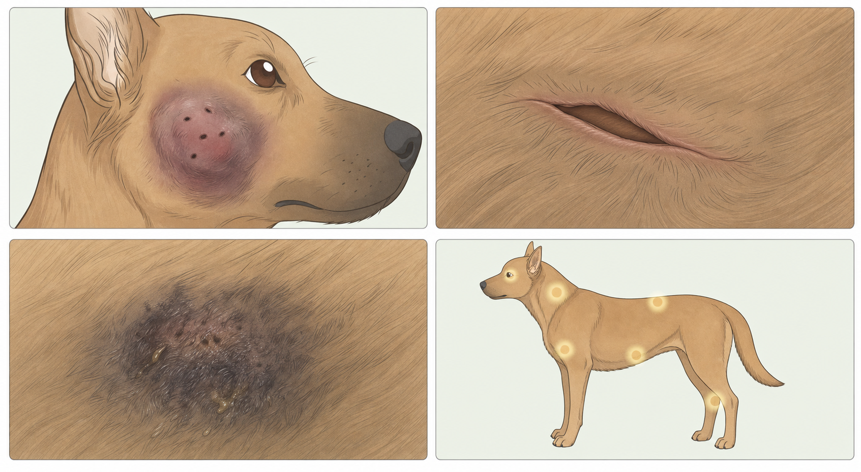 Illustrated warning signs of a serious dog bite wound, including deep or gaping edges, rapid swelling, bruising, and high-risk body locations