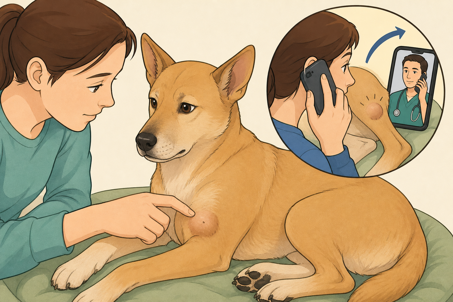 Illustrated owner monitoring swelling around a dog bite wound and contacting a veterinarian when swelling increases