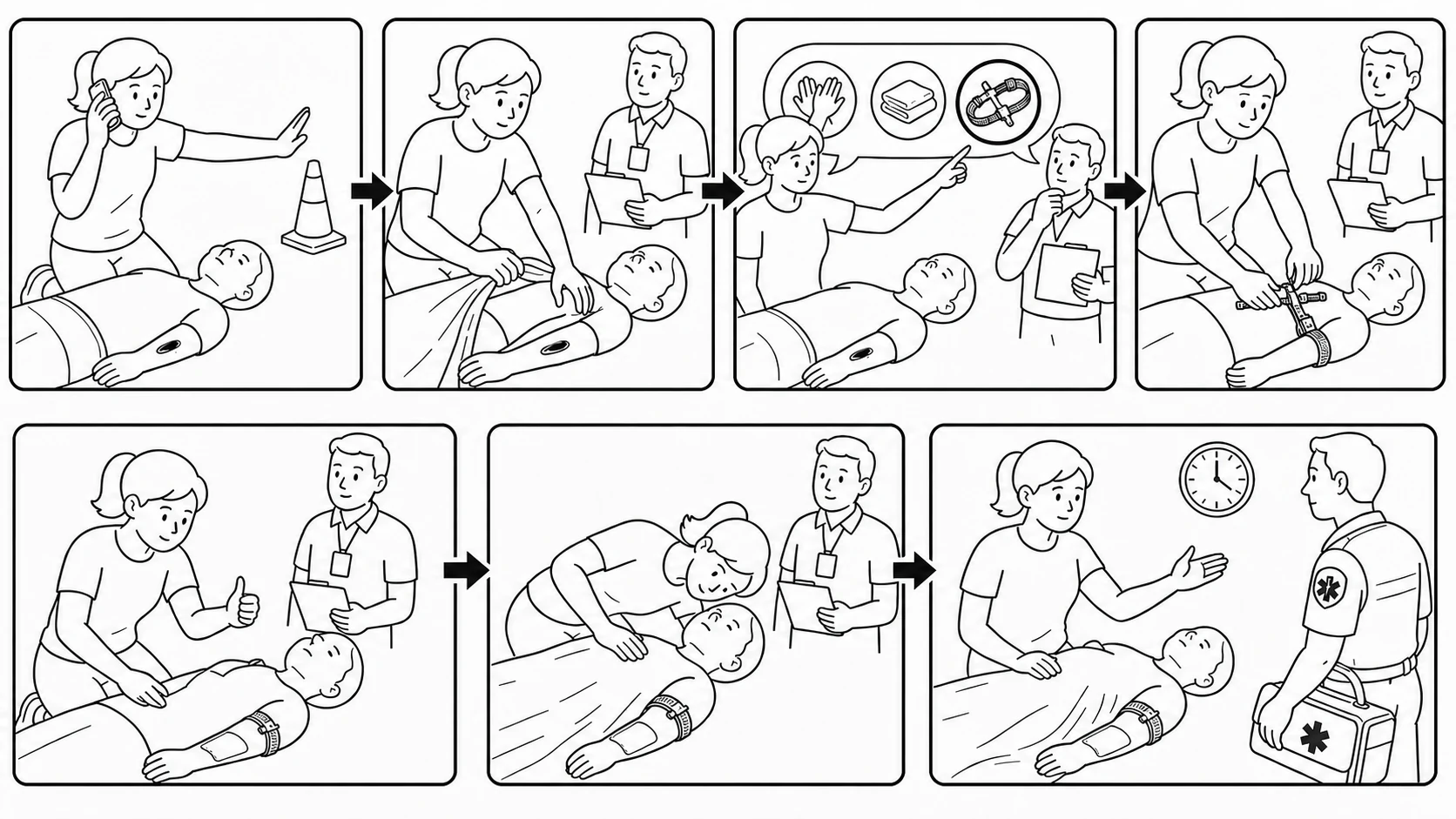Seven-panel illustration of a learner completing a bleeding control training sequence from scene safety through EMS handoff