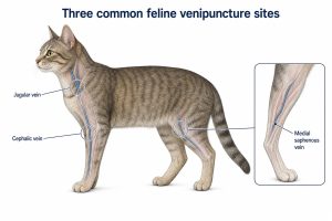 Three common feline venipuncture sites shown on a cat: jugular vein in the neck, cephalic vein on the foreleg, and medial saphenous vein on the inner hind leg