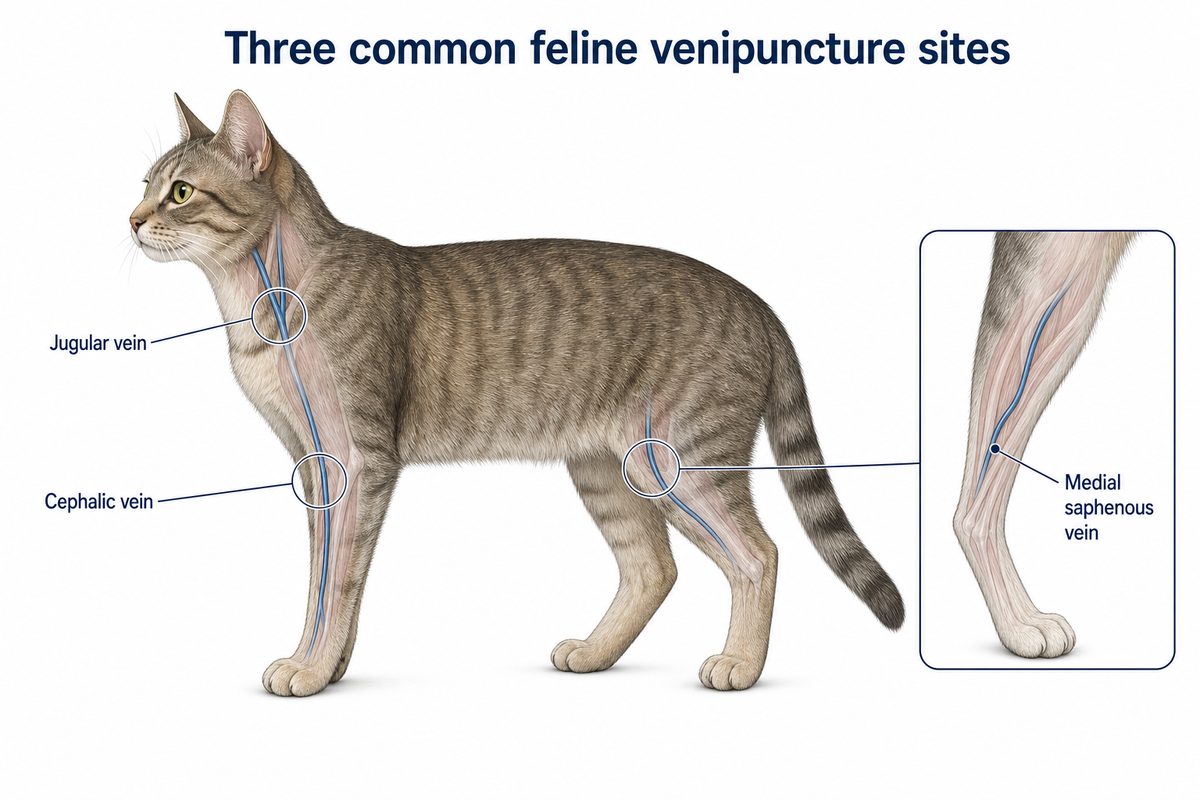 Three common feline venipuncture sites shown on a cat: jugular vein in the neck, cephalic vein on the foreleg, and medial saphenous vein on the inner hind leg