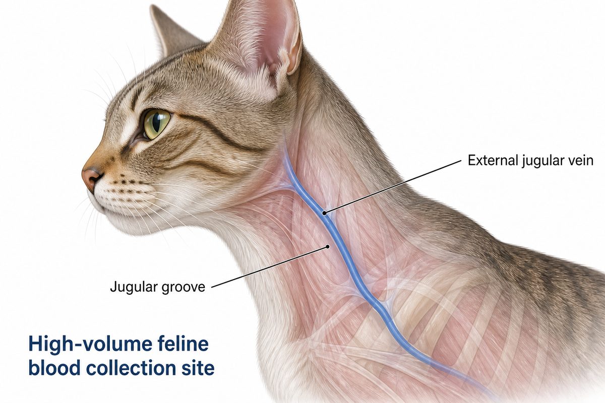 Close-up of a cat's neck showing the external jugular vein running in the jugular groove, the highest-volume feline blood collection site