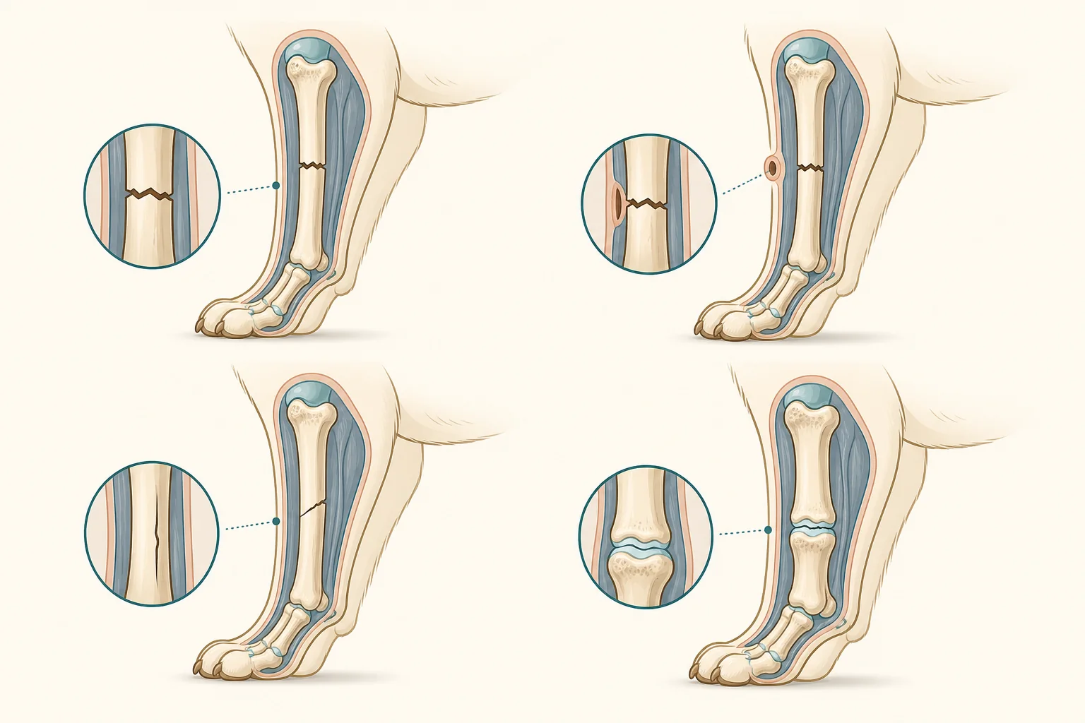 Conceptual veterinary illustration of closed, open, incomplete, and puppy growth plate dog leg fractures