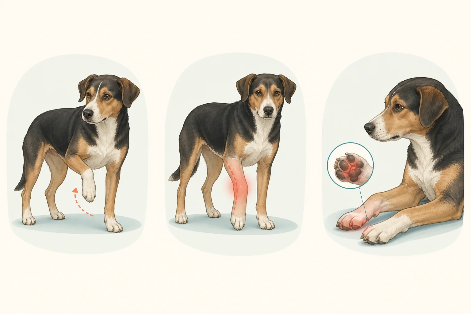 Illustrated warning signs after a dog leg injury: refusing to bear weight, swelling or abnormal alignment, and paw circulation concerns