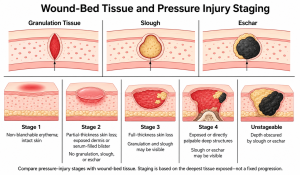 Wound-bed tissue and pressure injury staging: categories for comparison, not a fixed progression.