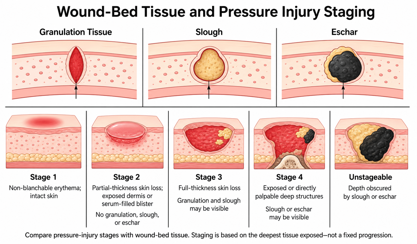 Wound-bed tissue and pressure injury staging: categories for comparison, not a fixed progression.