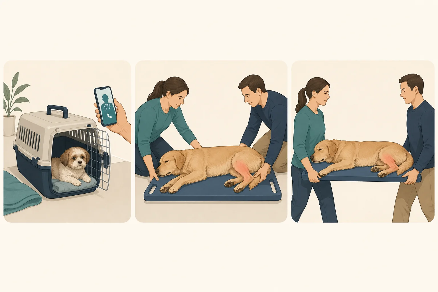 Three-step illustration of safe transport for a dog with a suspected fracture: call ahead, support the whole body, and carry level