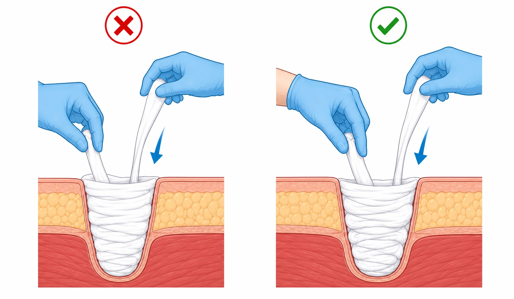 Wrong: pressure is released during the handoff. Correct: one finger maintains pressure while the other hand feeds gauze.