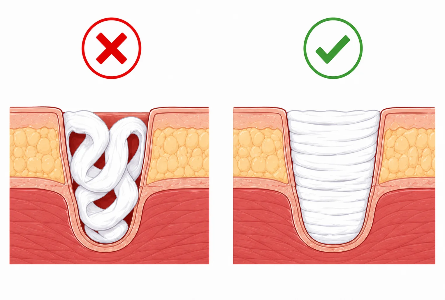 Wrong: loose loops leave voids. Correct: compact layers fill the cavity.