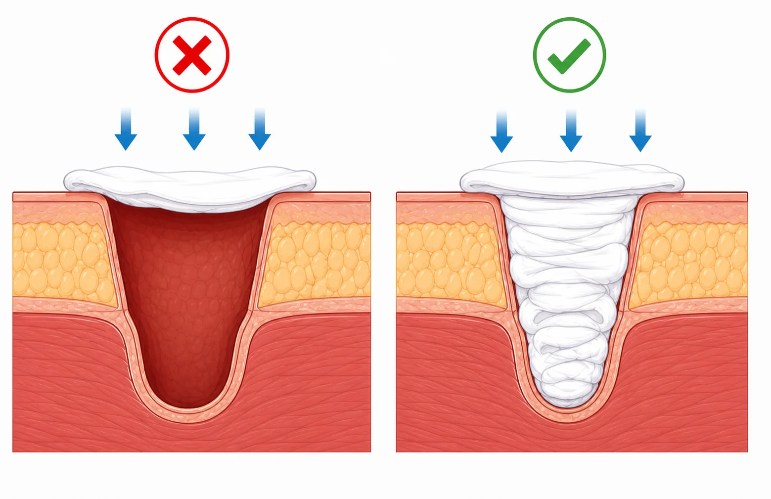 Wrong surface-only wound coverage compared with correct progressive cavity filling