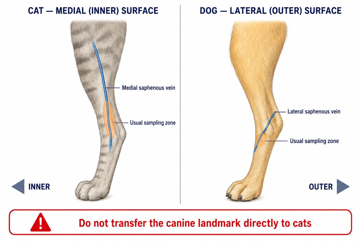 Comparison of hind limb venipuncture sites in cats and dogs: the medial saphenous vein on the inner surface of the cat hind limb and the lateral saphenous vein on the outer surface of the dog hind limb, each with the usual sampling zone marked