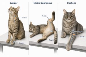 Three feline restraint positions for blood draw: jugular with the chin raised and forelegs over the table edge, medial saphenous in lateral recumbency with the upper hind leg lifted, and cephalic in sternal position with the foreleg extended, each marked with occlusion and support points