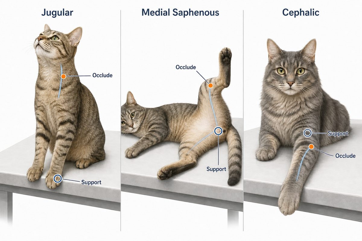 Three feline restraint positions for blood draw: jugular with the chin raised and forelegs over the table edge, medial saphenous in lateral recumbency with the upper hind leg lifted, and cephalic in sternal position with the foreleg extended, each marked with occlusion and support points
