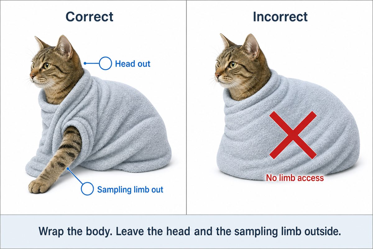 Correct and incorrect towel wrap for a cat blood draw: the correct wrap leaves the head and the sampling foreleg outside the towel, the incorrect wrap encloses all four limbs