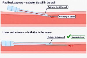 Longitudinal section of a vein showing why a catheter will not advance after flashback: in the upper panel the needle tip is inside the lumen while the catheter tip is still within the vessel wall; in the lower panel the assembly has been lowered and advanced so both tips are inside the lumen