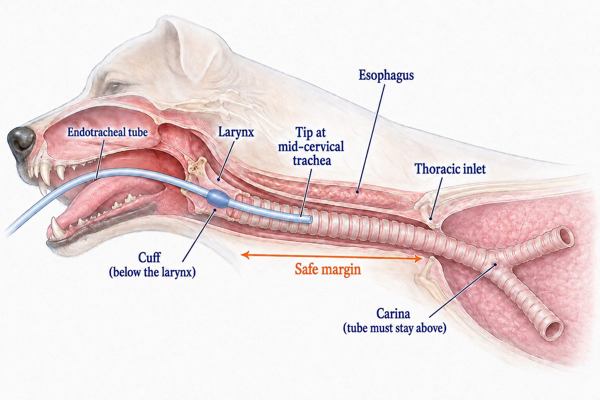 Side-view cutaway of correct canine endotracheal tube position: tube tip at the mid-cervical trachea, cuff below the larynx, and a safe margin kept above the carina to avoid endobronchial placement