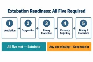 Flow diagram of the five canine extubation readiness checks - ventilation, oxygenation, airway protection, recovery trajectory, and airway and procedure - with all five required before removing the tube