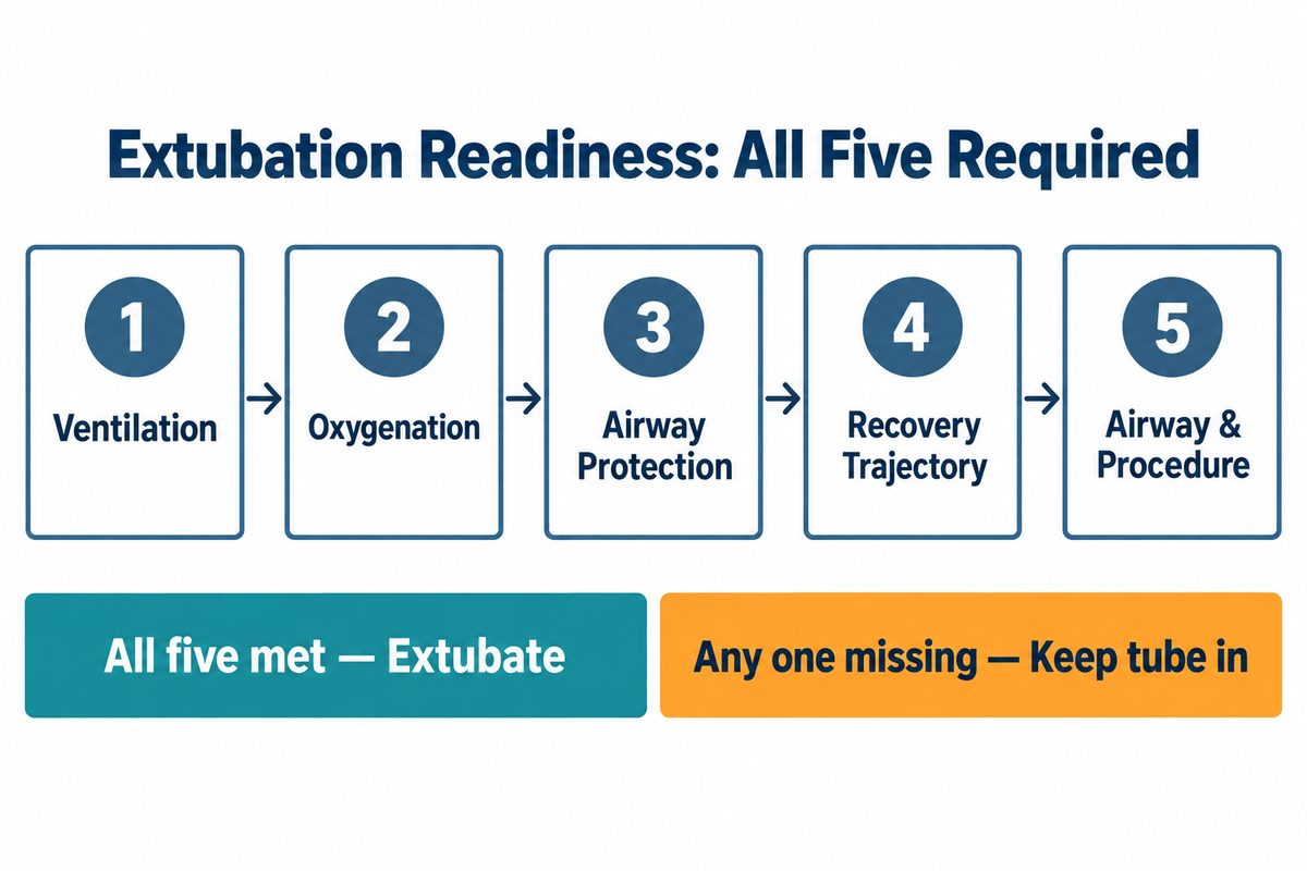 Flow diagram of the five canine extubation readiness checks - ventilation, oxygenation, airway protection, recovery trajectory, and airway and procedure - with all five required before removing the tube