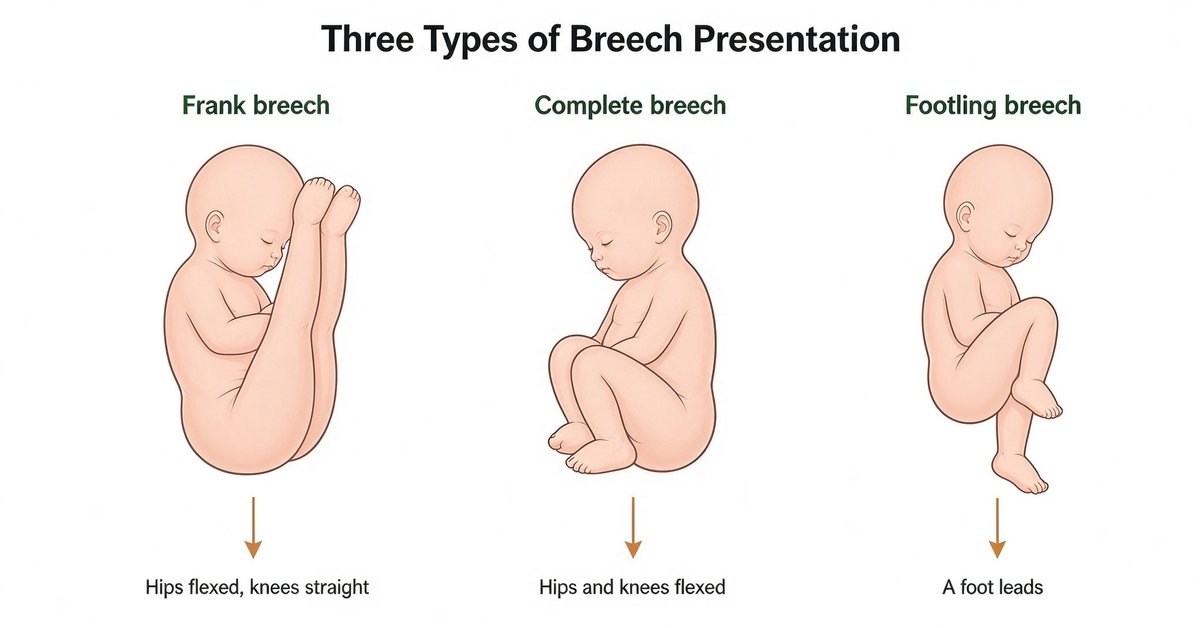 Illustration of frank, complete, and footling breech presentations showing the leg position in each